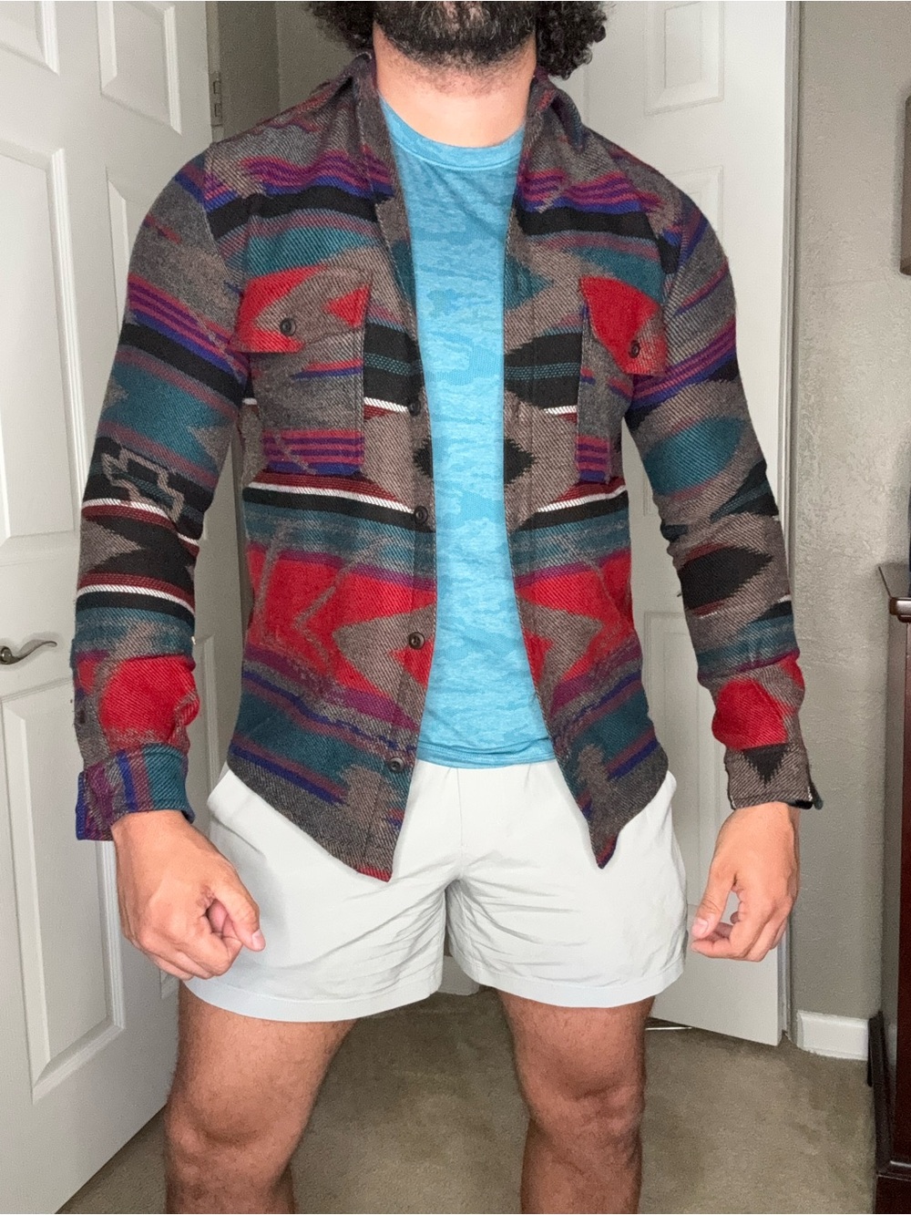 ZARA Multicolor Patterned Shirt Jacket with Red Accents